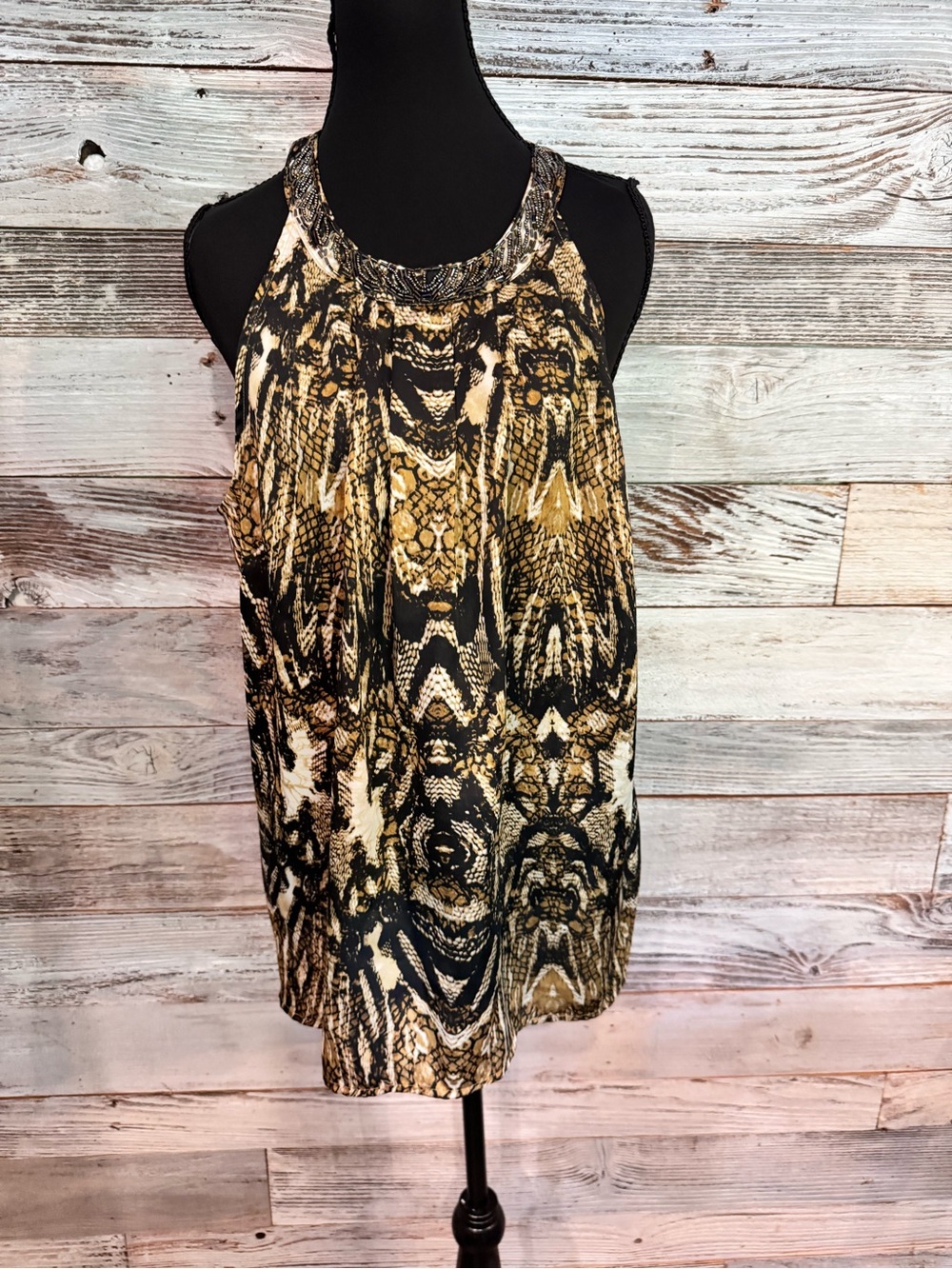 NWT Worthington Black and Gold Printed Halter Blouse with Beaded Neckline
